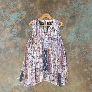 Vintage Y2K Mini Mesh Patchwork Sleeveless Top Size XL Asymmetric Hem Notch Neck